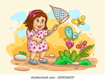 illustration of little girl catch a butterfly isolated on nature background with grass, tree, flowers and sky. vector illustration