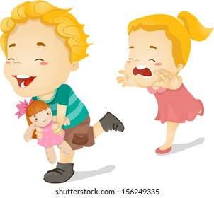 Illustration of a Little Girl Chasing Her Older Brother Who Ran Away with Her Doll