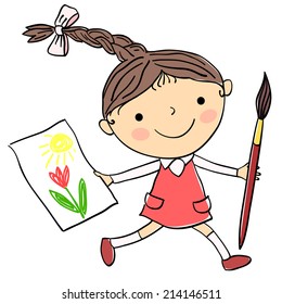 Illustration of little girl with child's drawing and big paintbrush on the white background