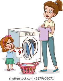 Ilustración de una niñita con ropa en una lavadora. Padres limpiando casa. Niña feliz y madre con camiseta cerca de la ilustración vectorial de lavado