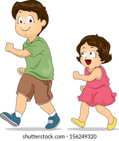 Illustration of a Little Girl Copying the Way Her Elder Brother Walks