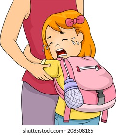 Illustration of a Little Girl Crying Out Loud While Clinging to Her Mom