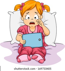 Illustration of a Little Girl Crying While Holding a Tablet Computer