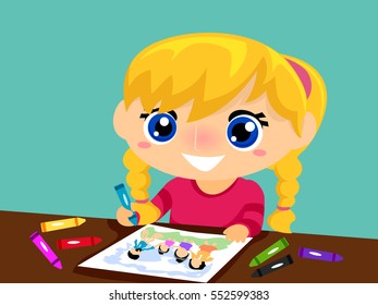 Illustration of Little Girl Drawing a Family on Paper
