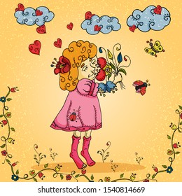 illustration of a little girl in a dress who sniffs a bouquet of flowers in the style of childrens Doodle for decoration design of postcards and printed products vector