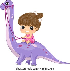 Illustration of a Little Girl Dressed as a Cave Woman Riding a Brontosaurus