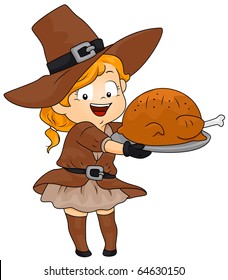 Illustration of a Little Girl Dressed in a Pilgrim Costume Holding a Platter of Turkey