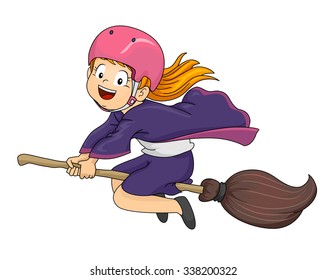 Illustration of a Little Girl Dressed as a Witch Flying on Her Broomstick