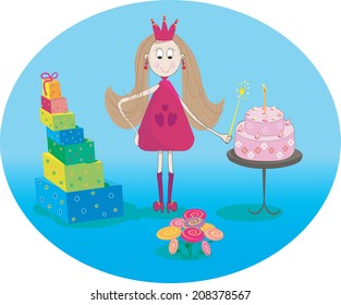 Illustration of little girl - fairy with cake gifts and flowers