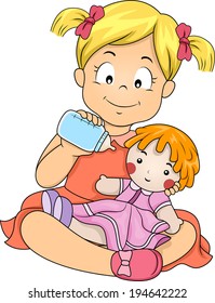 Illustration of a Little Girl Feeding Her Doll with Milk