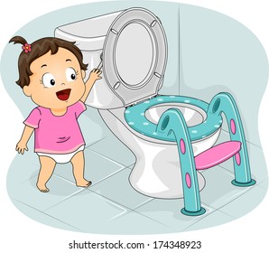 Illustration of a Little Girl Flushing the Toilet