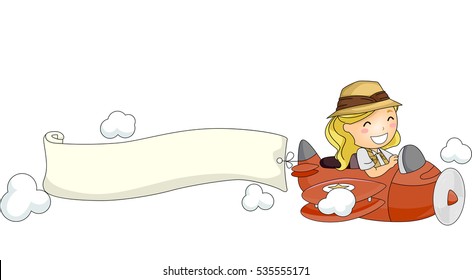 Illustration of a Little Girl Flying an Airplane with a Blank Banner Attached to It