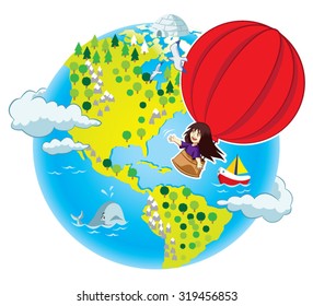 Illustration of little girl flying in the red air balloon