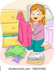 Illustration of a Little Girl Folding Freshly Washed Clothes