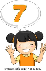 Illustration of a Little Girl Gesturing the Number Seven