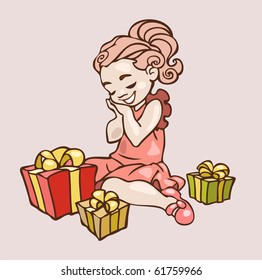 Illustration of a little girl getting lots of presents on her birthday