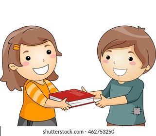 Illustration of a Little Girl Giving a Book to a Little Boy