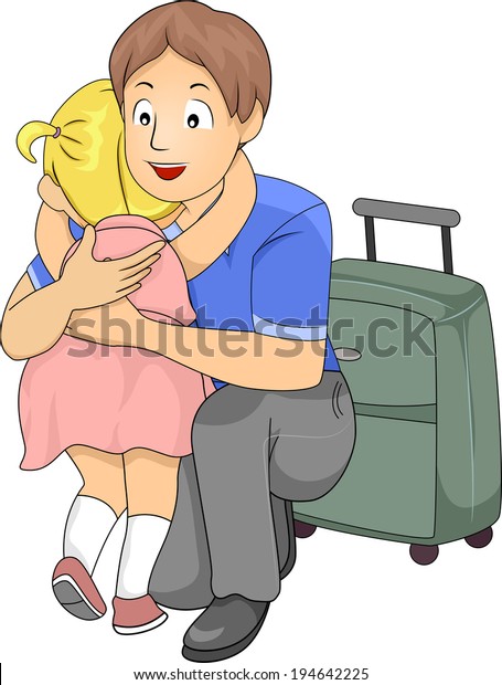 出張に出かける前に父親に抱きしめる少女のイラスト のベクター画像素材 ロイヤリティフリー