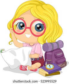 Illustration of a Little Girl in Glasses with a Backpack Beside Her Reading a Map