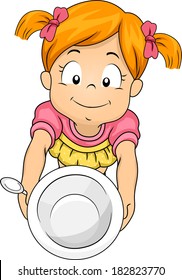 Illustration of a Little Girl Handing Over an Empty Bowl Asking for Seconds