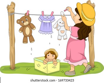 Illustration of a Little Girl Hanging Her Stuffed Toys to Dry