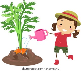 Illustration of a Little Girl in a Hat Happily Watering Her Growing Carrots