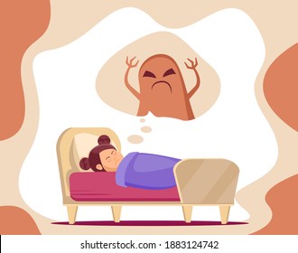 Illustration of a little girl having a nightmare while sleeping.