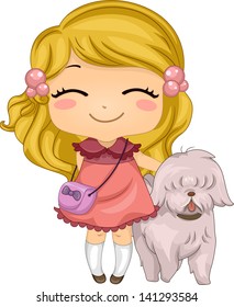 Ilustración de una niñita con su perro mascota