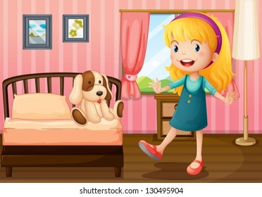 Illustration of a little girl and her toy inside the bedroom