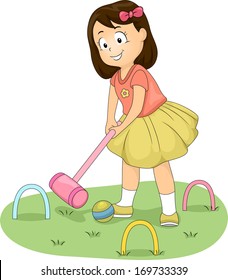 Illustration of a Little Girl Hitting a Ball with a Croquet Mallet