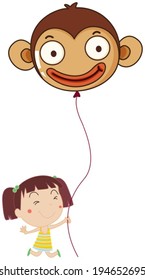 Illustration of a little girl holding a monkey balloon on a white background