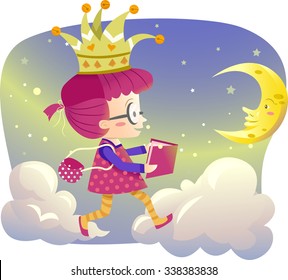 Illustration of a Little Girl Holding a Storybook Walking on Clouds