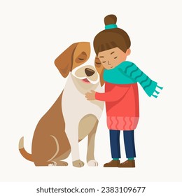 An illustration with a little girl hugging a big dog. Friendship and loyalty. Love and patience for animals. For postcards, flyers, websites