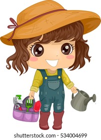 Illustration of a Little Girl in a Jumper and a Sun Hat Carrying Gardening Tools