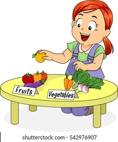 Ilustración de una niña arrodillada frente a una mesa que separa frutas de verduras