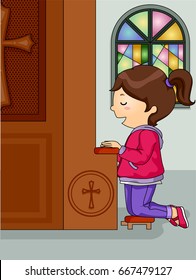 Illustration of a Little Girl Kneeling in Prayer in Front of a Church Confession Box