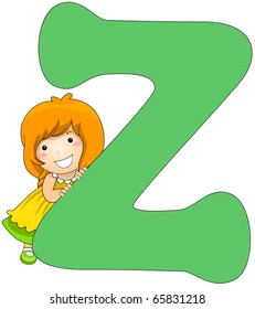 Illustration of a Little Girl Leaning Against a Letter Z