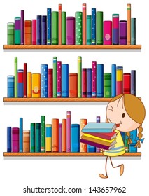 Illustration of a little girl in the library on a white background