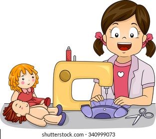 Illustration of a Little Girl Making Homemade Dresses for Her Dolls