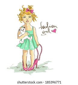 Illustration with little girl in mother's high heel shoes holding beads and bear toy