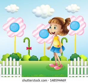 Illustration of a little girl near the wooden fence with giant candies