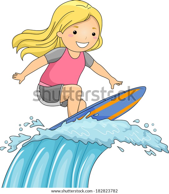 Illustration Little Girl On Surfboard Riding Stock Vector (Royalty Free ...