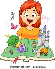 Illustration of a Little Girl Opening a Pop Up Book with Castles and Witches Inside