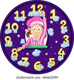 Illustration of a Little Girl in Pajamas Imitating the Hands of a Clock