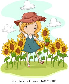 Illustration of a Little Girl Picking Flowers in a Sunflower Field