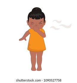 Illustration little girl pinching her nose after smelling something bad