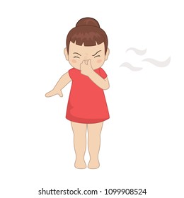 Illustration little girl pinching her nose after smelling something bad