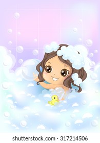 Illustration of a Little Girl Playing with Bubbles and a Rubber Duckie While She Bathes - eps10