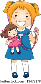 Ilustración de una niñita jugando doctor con un estetoscopio con un paciente de muñeca roja