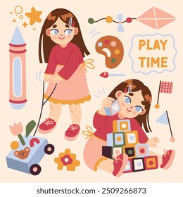 Ilustração de uma menina brincando com seus brinquedos. A cena captura sua alegria e imaginação, tornando-a ideal para o conteúdo infantil, temas lúdicos e materiais voltados para a família.